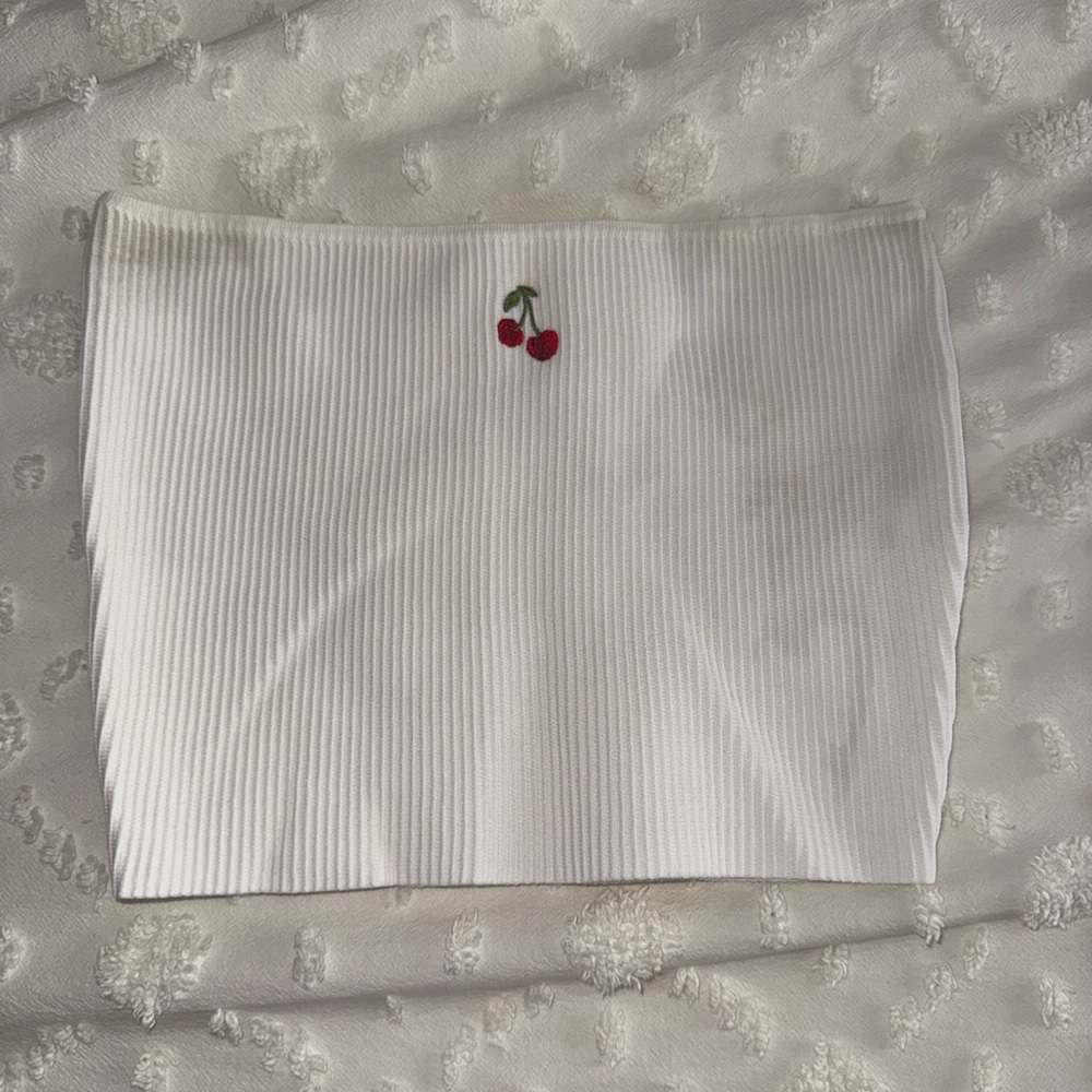 PacSun White Ribbed Crop Top with Cherry Detail